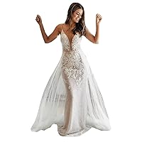 Women's Spaghetti Strap Sequins Bridal Ball Gowns with Detachable Train Lace Mermaid Wedding Dresses for Bride