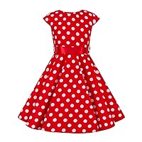 Girls Vintage Polka Dot Dress 1950s 60s Retro Rockabilly Audrey Hepburn Dress for Toddler Kids Summer Cap Sleeveless Casual Birthday Wedding Party Prom A Line Swing Sundress with Belt Red 9-10 Years
