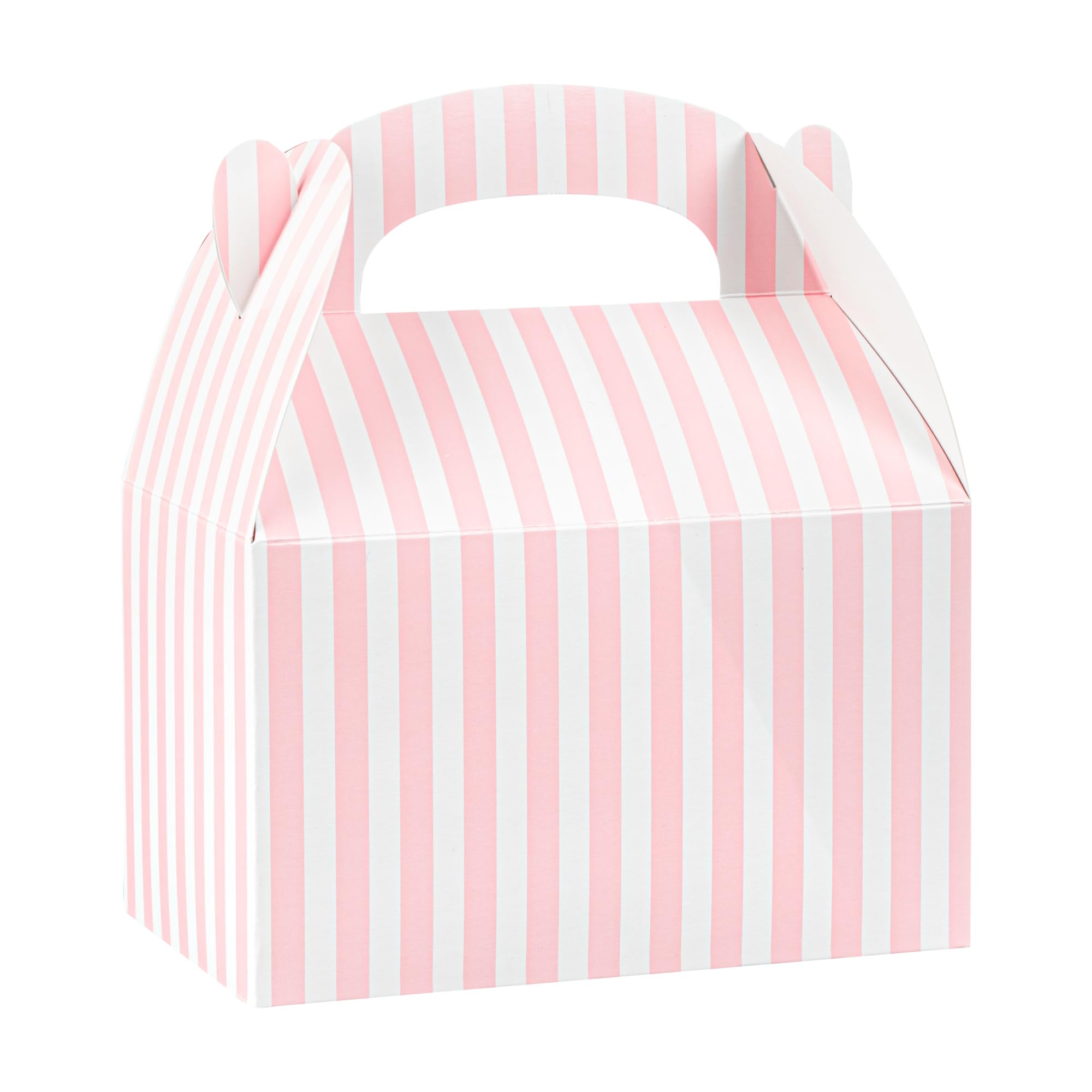 Bio Tek 6 x 3.5 x 3.5 Inch Gable Boxes For Party Favors, 25 Durable Gift Treat Boxes - Striped Design, With Built-In Handle, Pink And White Paper Barn Boxes, Disposable, For Parties - Restaurantware