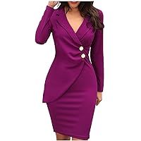 Women's Button Waisted Suit Dress Solid Lapel Long Sleeve Sheath Dress Knee-Length Hip Wrapped Business Work Dresses