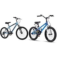 Huffy Kids Hardtail Mountain Bike for Boys, Stone Mountain 20 inch 6-Speed, Metallic Cyan & RoyalBaby Kids Bike Boys Girls Freestyle BMX Bicycle with Kickstand Gifts for Children Bikes 18 Inch Blue
