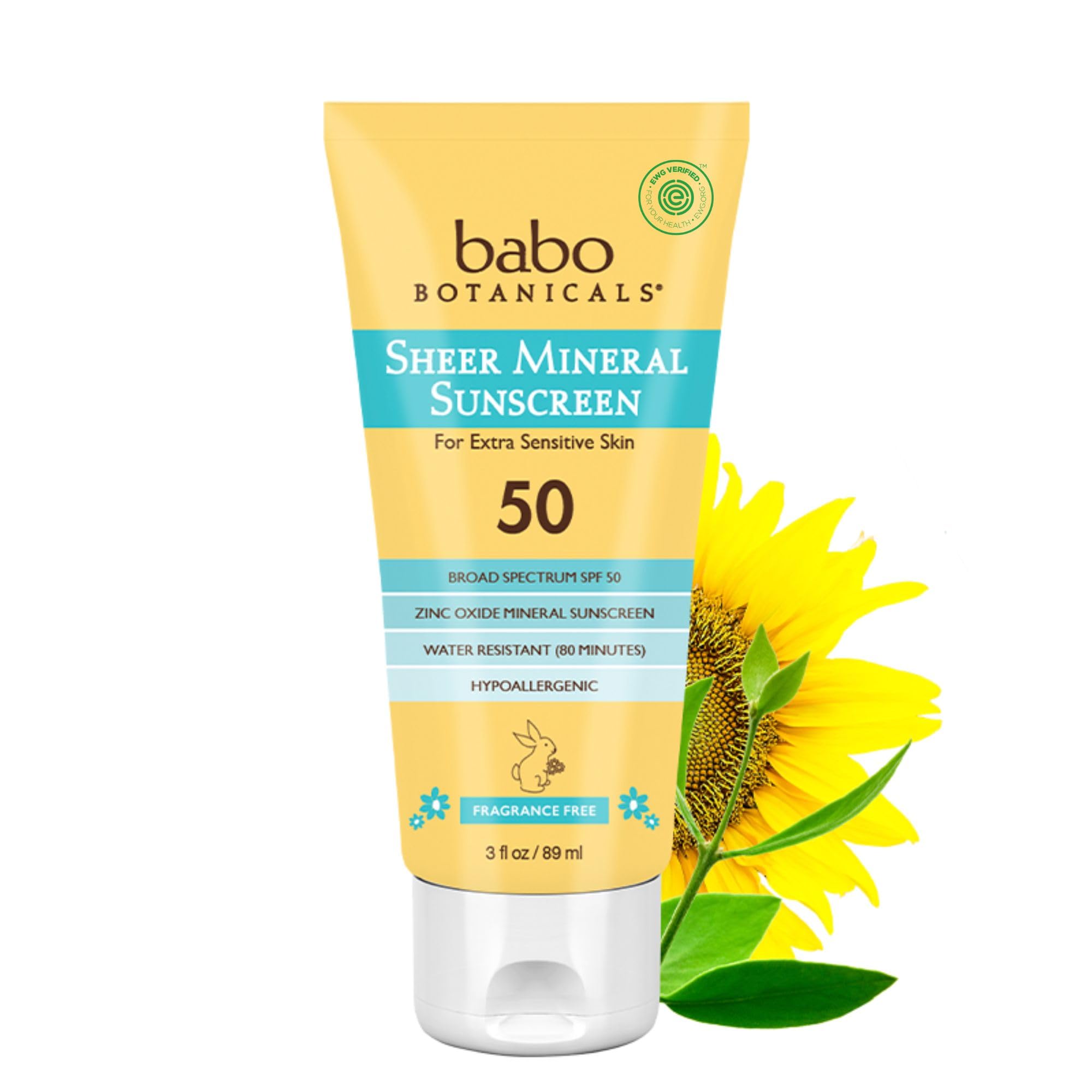 Babo Botanicals Sheer Mineral Sunscreen Lotion SPF 50 with 100% Mineral Active Ingredients - for Babies, Kids or Extra Sensitive Skin - Lightweight, Water Resistant & Fragrance Free - 3 fl. oz.