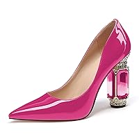 Women Chunky Heels Pumps Crystal Block Heels with Rhinestones Pointed Toe Sexy Gradient Patent Leather Slip on Bridal Party Wedding Dress Shoes 5-13 M US