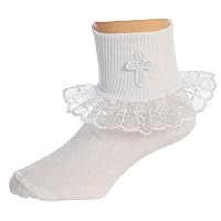 TipTop Girls White Baptism First Communion or Christening Socks with Cross and Ruffle