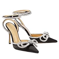LauraVicci Women's Heeled Sandals Pointed Toe Crystal Embellished Bow Ankle Straps Rhinestone Buckle Stiletto Slip On Evening Dress Party Wedding Pumps Shoes