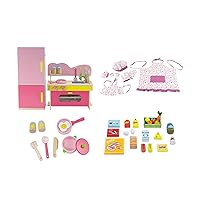 Emily Rose 18-inch Doll Wooden Kitchen Oven/Fridge Set with Pretend Food & Accessories Bundled with a Child/Doll Matching Apron/Hat/Mitts Baking Cooking Set