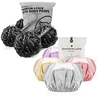 Bath Loofahs Sponge Natural4 Pack (Black) & Shower Cap 4pack (Gray Pink Yellow Purple) for Men and Women