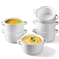 DELLING 6 Pack Soup Bowls with Handles, 24 Oz Large Serving Soup Bowl Set, Ceramic Soup Crocks for French Onion Soup, Cereal, Chilli, Stew, Microwave and Oven Safe, White