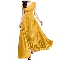 Women's V-Neck Solid Color Short Sleeve Chiffon Waist Closing Evening Dress Simple Dresses