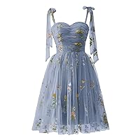 Eightale Tulle Flower Embroidery Short Homecoming Dresses Pleated Sleeveless A Line for Juniors Mini Prom Dress