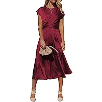 PRETTYGARDEN Women's 2024 Summer Satin Midi Dress Cap Sleeve Tie Waist Elegant A-Line Flowy Dresses