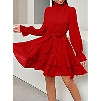 Fall Dresses for Women 2023 Flounce Sleeve Shirred Neck Ruffle Hem Belted Dress Dresses for Women (Color : Red, Size : Large)