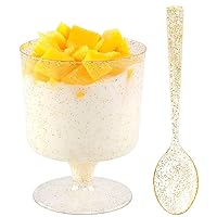WDF 96PACK 7oz Gold Glitter Medium Large Plastic Dessert Cups With Spoons-48 Disposable Appetizer Cups |Wine Goblet Glasses & 48 Gold Glitter Tasting Spoons for Party