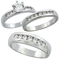 Sterling Silver Cubic Zirconia Trio Engagement Wedding Ring Set for Him and Her 6 mm Classic Channel Set, L 5-10 & M 8-14