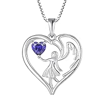 FJ Heart Guardian Angel Necklace 925 Sterling Silver Angel Wing Pendant Necklace with Birthstone Cubic Zirconia Jewellery Gifts for Women Girls