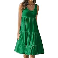 Casual Beach Dresses for Women Summer Crewneck Tank Dress Ruffle Tiered Swing Flowy Sundress Solid Flattering Sun Dresses