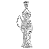 2 3/8 inch Sterling Silver Santa Muerte Necklace for Men Diamond Cut 18-30 inch Chain
