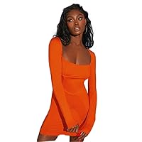 Square Neck Bodycon Dress (Color : Orange, Size : Large)