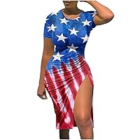 4th of July Womens Tie Dye Drawstring Ruched Bodycon Dress Summer American Flag Short Sleeve Split Knee Dresses