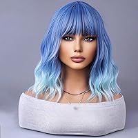 Blue Ombre Short Bob Wig Blue to Light Blue Wig Short Curly Wavy Wig With Bangs for Women Ombre Blue Wig Heat Resistant Synthetic Hair Wigs for Daily Use Cosplay Wig With Wig Cap
