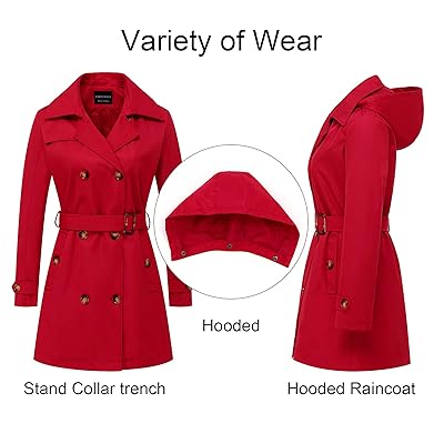 CREATMO US Women's Trench Coat Double-Breasted Classic Lapel Overcoat  Belted Slim Outerwear Coat with Detachable Hood