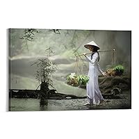A Vietnamese Girl in Traditional Dress Carrying A Basket Painting Posters Room Aesthetics Canvas Pri Poster Decorative Painting Canvas Wall Art Living Room Posters Bedroom Painting 12x18inch(30x45cm)