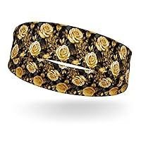 3D Black Gold Roses Flowers Print Headband Elastic Turban Hair Band Yoga Sports Head Wraps for Womens Girls