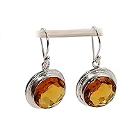 Champagne Quartz Round Shaped Silver Earring for Women/Girls | Hook Dangle Earrings for Gift and Daily Wear. …