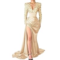 V Neck Sequin Mermaid Prom Dresses for Women Silk Satin Long Sleeve Evening Gown with Slit Formal Wedding Party Dresses