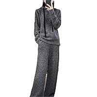 Woman's 100% Wool Suit Autumn Winter Hooded Pullover High Waist Knit Wide Leg Pants Casual Two-Piece