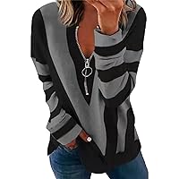 Ladies Zipper V-Strip Printed Long Sleeve T-Shirt Printing Zipper V-Shaped Blouse Sexy V Neck Zip Loose Fit Tunic