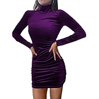 Womens Velvet Dress Sexy Wrap Turtleneck Fall Casual Long Sleeve Bodycon Cocktail Ruched Elegant Party Mini Dress
