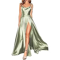 Long Prom Dress High Split Satin Adjustable Spaghetti Straps Formal Party Gowns Backless Evening Dress with Pockets