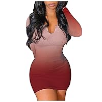 Brunch Dress,Women's Casual Printed Slim Fit Sexy Long Sleeve Gradient Round Neck Long Sleeve Dress Womens Bell