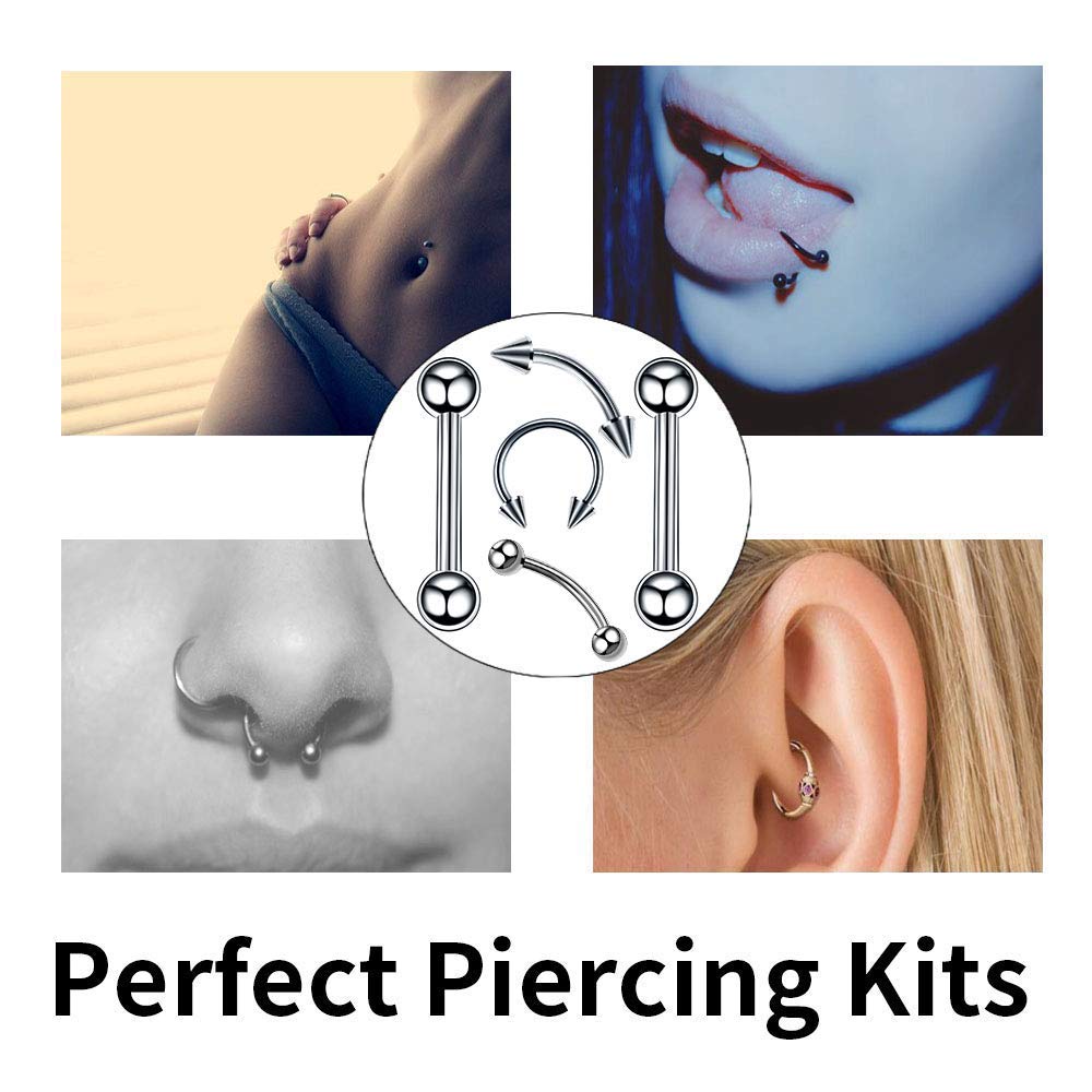 Romlon Piercing Kits - 198Pcs Professional Piercing Kit Surgical Steel Piercing Jewelry Kit 14G 16G 18G Piercing Needles Disposable Piercing Clamps Belly Ring Tongue Tragus Nose for Piercing