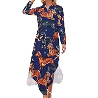 Dachshund Dog Print Blue Women's Shirt Dress Long Sleeve Button Down Long Maxi Dress Casual Blouse Dresses