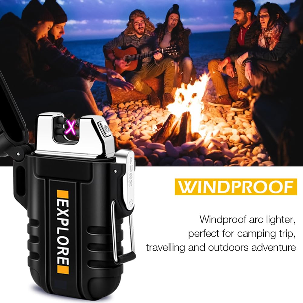 LcFun Waterproof Lighter Outdoor Windproof Lighter Dual Arc Lighter Electric Lighters USB Rechargeable-Flameless-Plasma Cool Lighters for Camping, Hiking, Adventure, Survival Tactical Gear (Black)