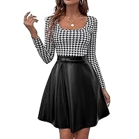 Women's Dress Houndstooth Print Scoop Neck Contrast Dress (Color : Black and White, Size : Large)