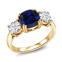 Gem Stone King 18K Yellow Gold Plated Silver Blue Created Sapphire 3 Stone Engagement Ring For Women (4.00 Cttw, Cushion 8MM, Available in Size 5,6,7,8,9)