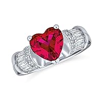 Bling Jewelry Art Deco Style Personalize 2-3 CT Red Ruby CZ Heart Shape Solitaire Cubic Zirconia Engagement Ring Baguettes Side Stones .925 Sterling Silver Promise Ring Customizable