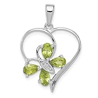 925 Sterling Silver Polished Prong set Open back Rhodium Peridot and Diamond Butterfly Angel Wings Love Heart Pendant Necklace Measures 25x18mm Wide Jewelry for Women