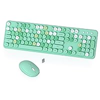 Wireless Computer Keyboard and Mouse Combo, COVEVA Colorful Typewriter Retro Keyboard with Round Keycaps, USB Keyboard and Mouse Set 2.4GHz Full-Size for Windows Mac PC Laptop（Green-Colorful）