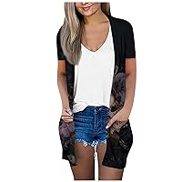 Womens Casual Lightweight Cardigans With Pockets 3/4 Sleeve Open Front Dusters Floral Print Outerwear Tops