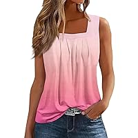 Summer Tank Tops for Women Loose Fit Pleated Square Neck Sleeveless Gradient Printed Basic Tops Flowy S-XXL Shirts