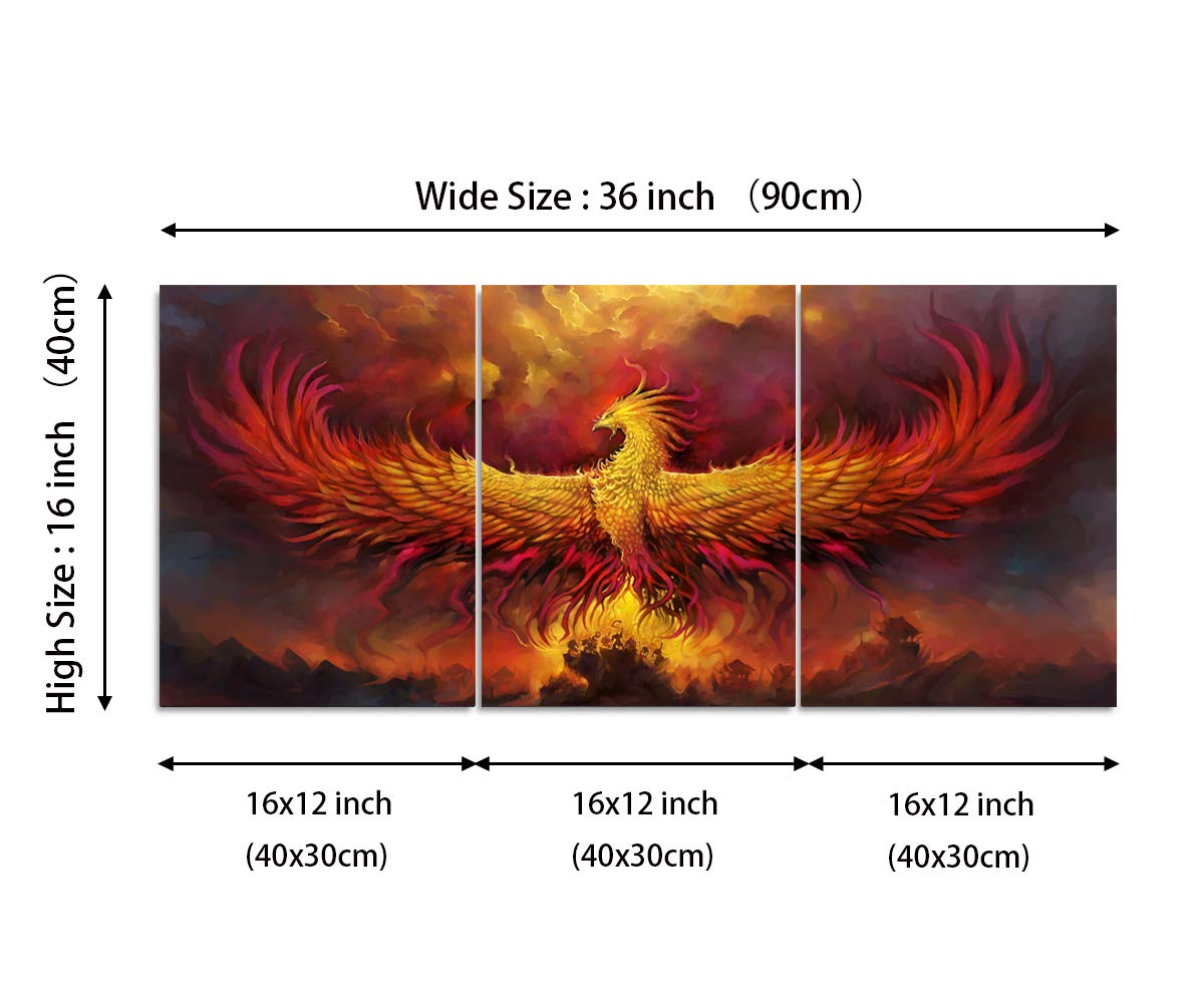Yetaryy Fire Phoenix Wall Art Prints Volcanic Burning Phoenix Birds Canvas Picture Posters Prints Artwork 3 Piece Home Office Living Room Bedroom Decor Framed Ready to Hang - 36