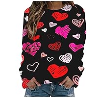 Women Valentine's Day Shirts Plus Size Heart Print Shirts Long Sleeve Round Neck Pullover Tops Casual Outfits