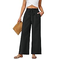 JASAMBAC Women's Linen Palazzo Lounge Pants High Waist Straight Wide Leg Summer Beach Causal Trousers with Double Belts