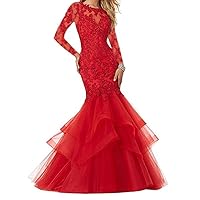 Women's Mermaid Tulle Prom Dresses 2019 Sheer Neck Formal Evening Party Gowns with Applique Beaded