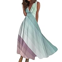 Midi Dresses for Women Pink Beach 2024 Vacation Long Maxi Swing Dress A Line Dress Floral Print Sleeveless V Neck Dress
