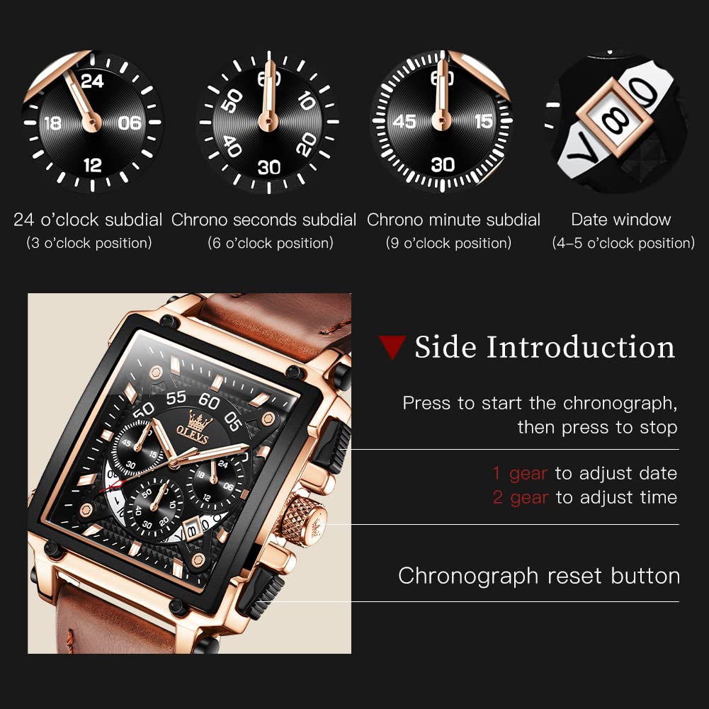 OLEVS Uhren für Herren Quarz Multifunktions Chronograph Mode Casual Leder Kleid Uhr Wasserdicht Leuchtend Luxus Quadratisch Business Armbanduhr